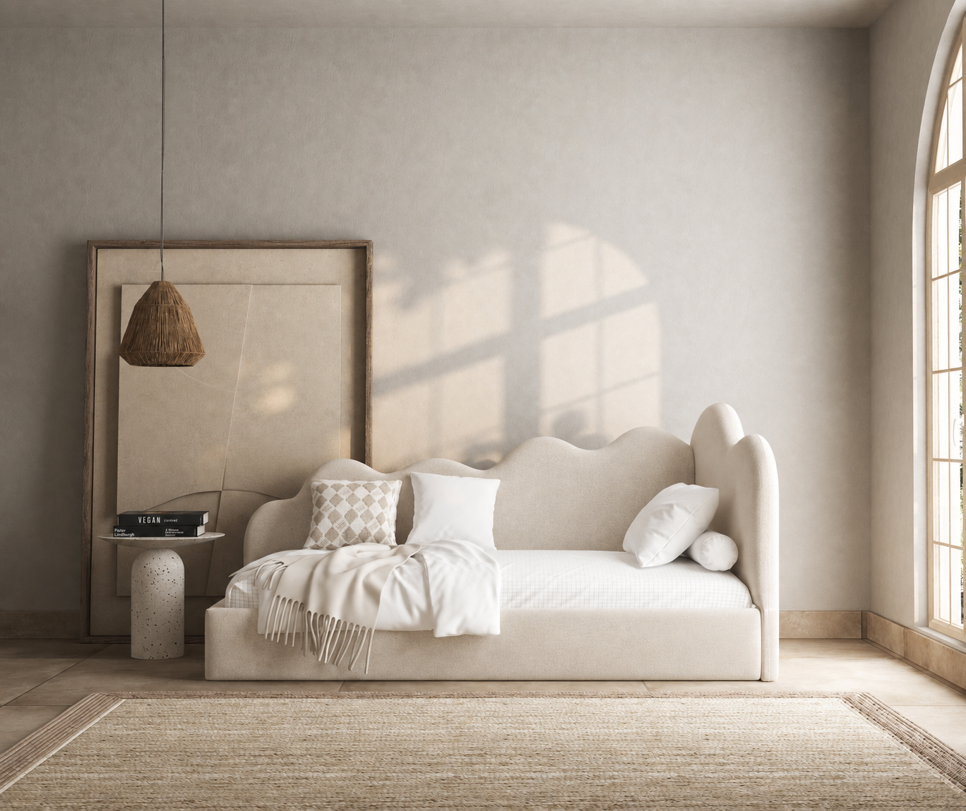 Willow kids corner nook bed with wavy cloud-shaped headboard